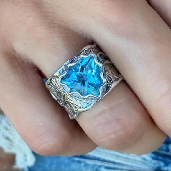 Boho Blue Gemstone Zirconia Wide Vintage Inspired, Silver Plated Fairy, Ring 7 - Picture 11 of 12